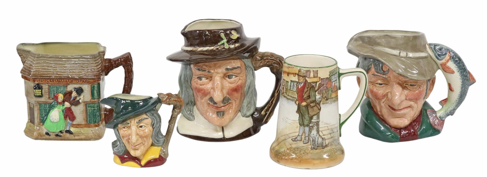 (5) ROYAL DOULTON TOBY & CHARLES DICKENS MUGS: (lot of 5) English Royal Doulton ceramic character mugs, including: (3) Toby character mugs, (one) "Pied Piper," copyright 1953, approx 4.25"h, 5"w, 3.5"d, (one) "The Poacher," D6429 copyright 1954, a