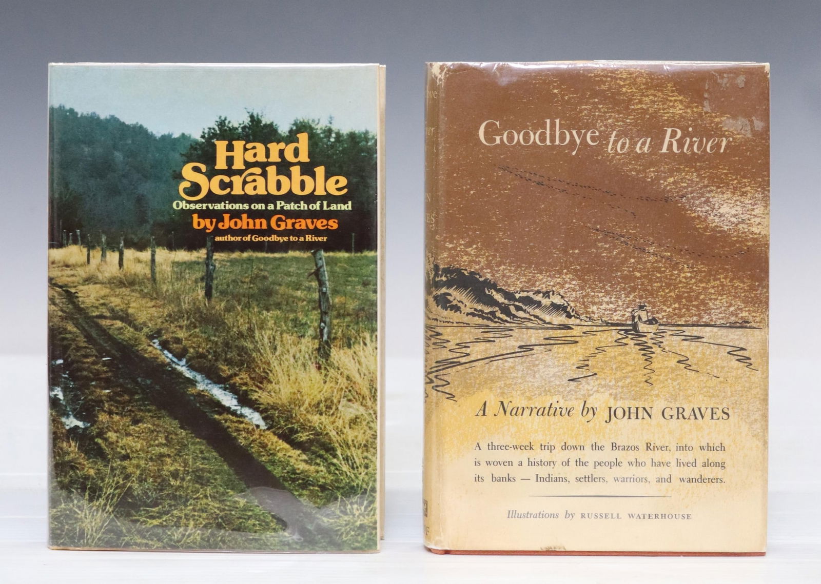 (2) JOHN GRAVES 'GOODBYE TO A RIVER' SIGNED 1ST ED: (lot of 2) Books by John Graves (John Alexander Graves III, Texas, 1920-2013): (1) "Goodbye to a River," stated first edition, Alfred A. Knopf, New York, 1960, 306 numbered pages, dust cover; (1) "Har