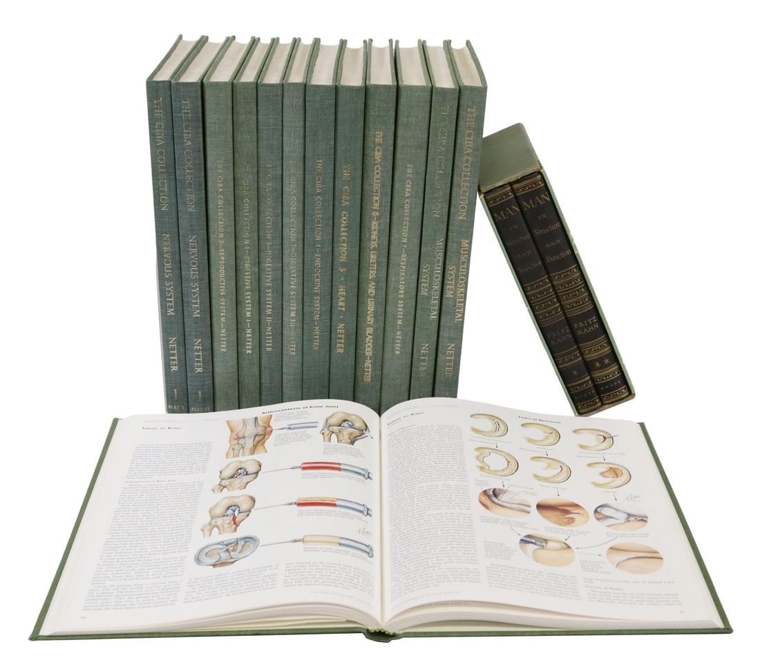 (15) MEDICAL & HUMAN ANATOMY LIBRARY SHELF BOOKS: (lot of 15) Books: medical and anatomy subjects, including: (13) "The Ciba Collection of Medical Illustrations," by Frank H. Netter, M.D., complete in eight volumes, published by CIBA Pharmaceutical C