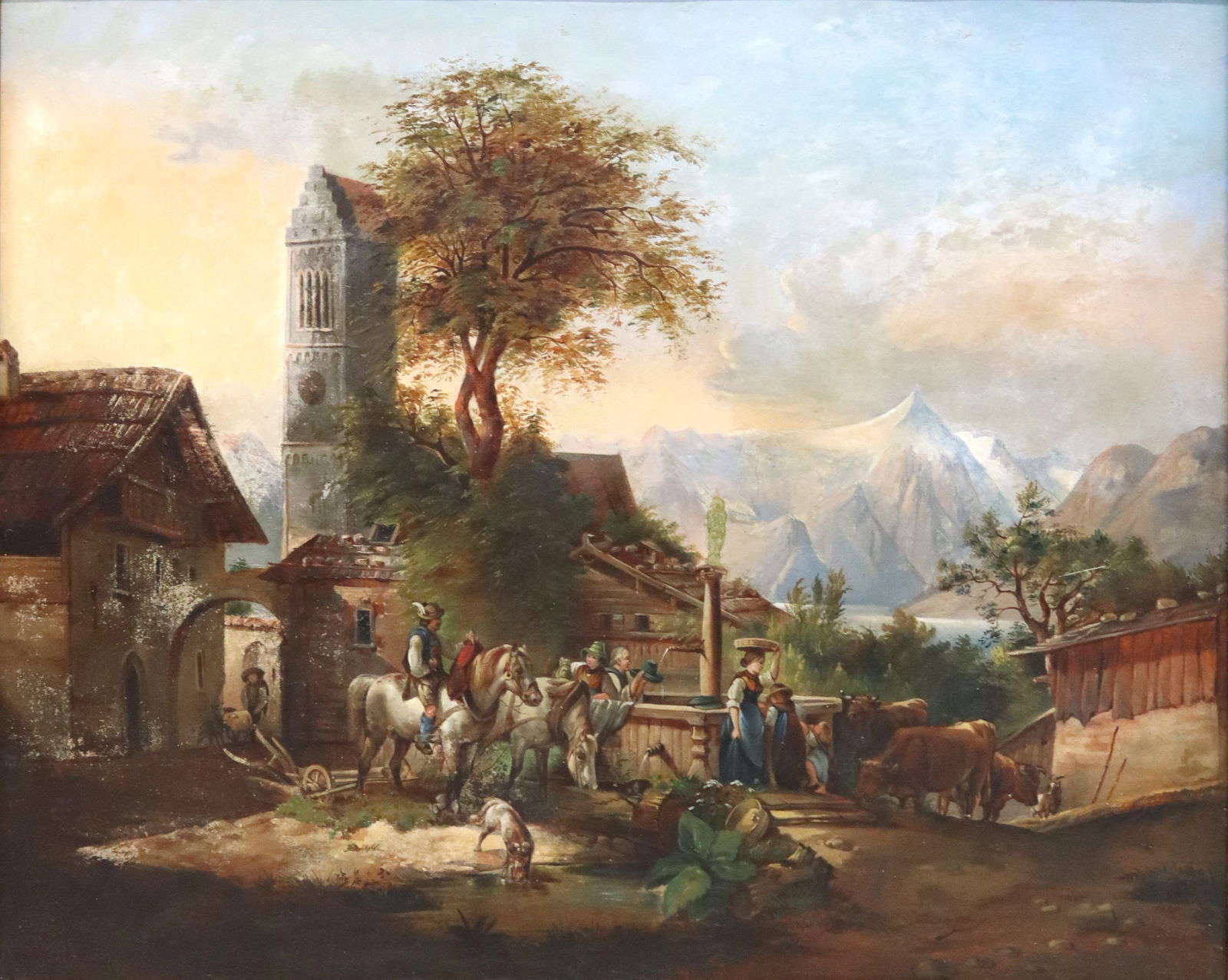 AFTER FRIEDRICH GAUERMANN PAINTING ON IRON PLATE: Framed oil painting on steel or iron plate, The Well at Zell am See, after Friedrich Gauermann (Austrian, 1807-1862), sight: approx 21.25"h, 26.25"w, overall: 26.25"h, 31.25"w, 14.75lbs **Provenance: