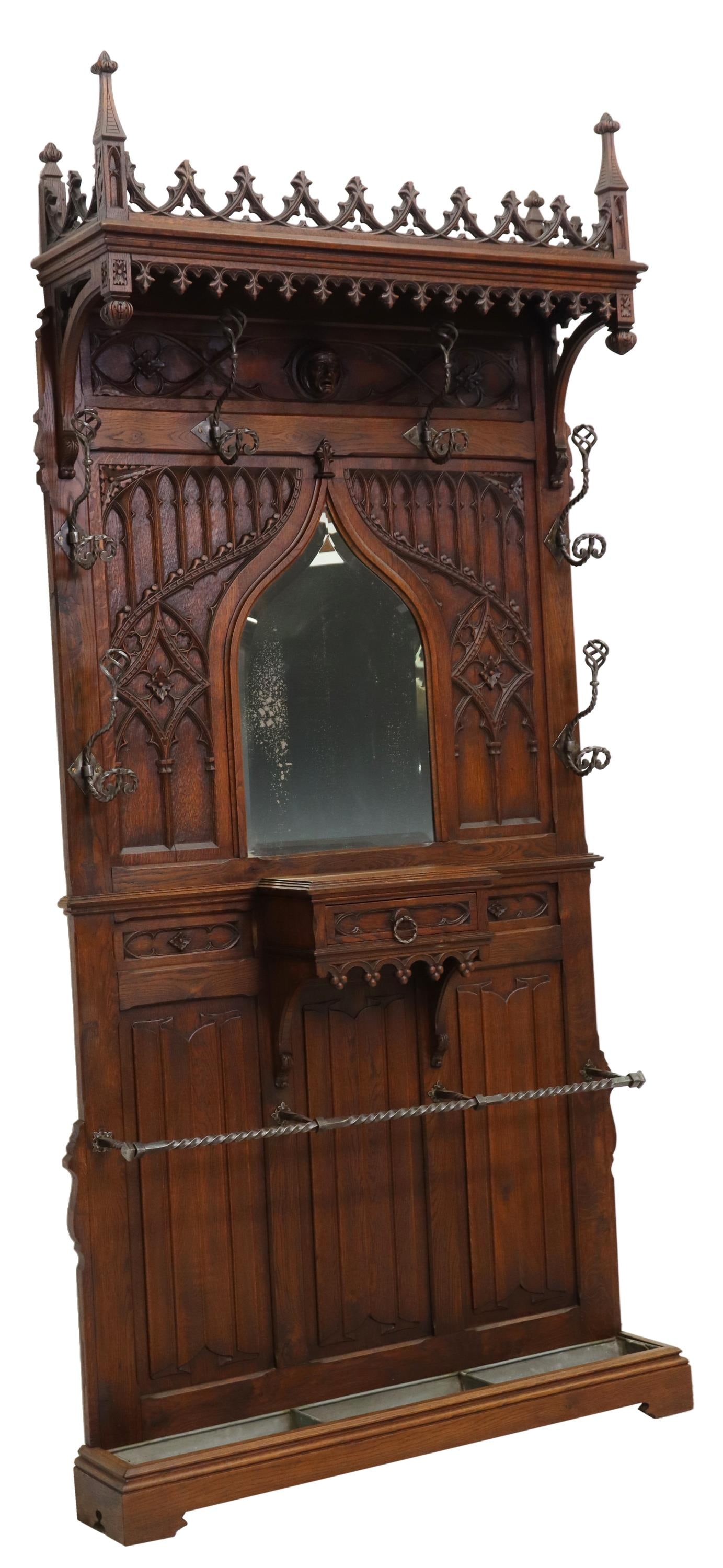 FRENCH GOTHIC REVIVAL CARVED OAK HALL TREE (1 of 4)