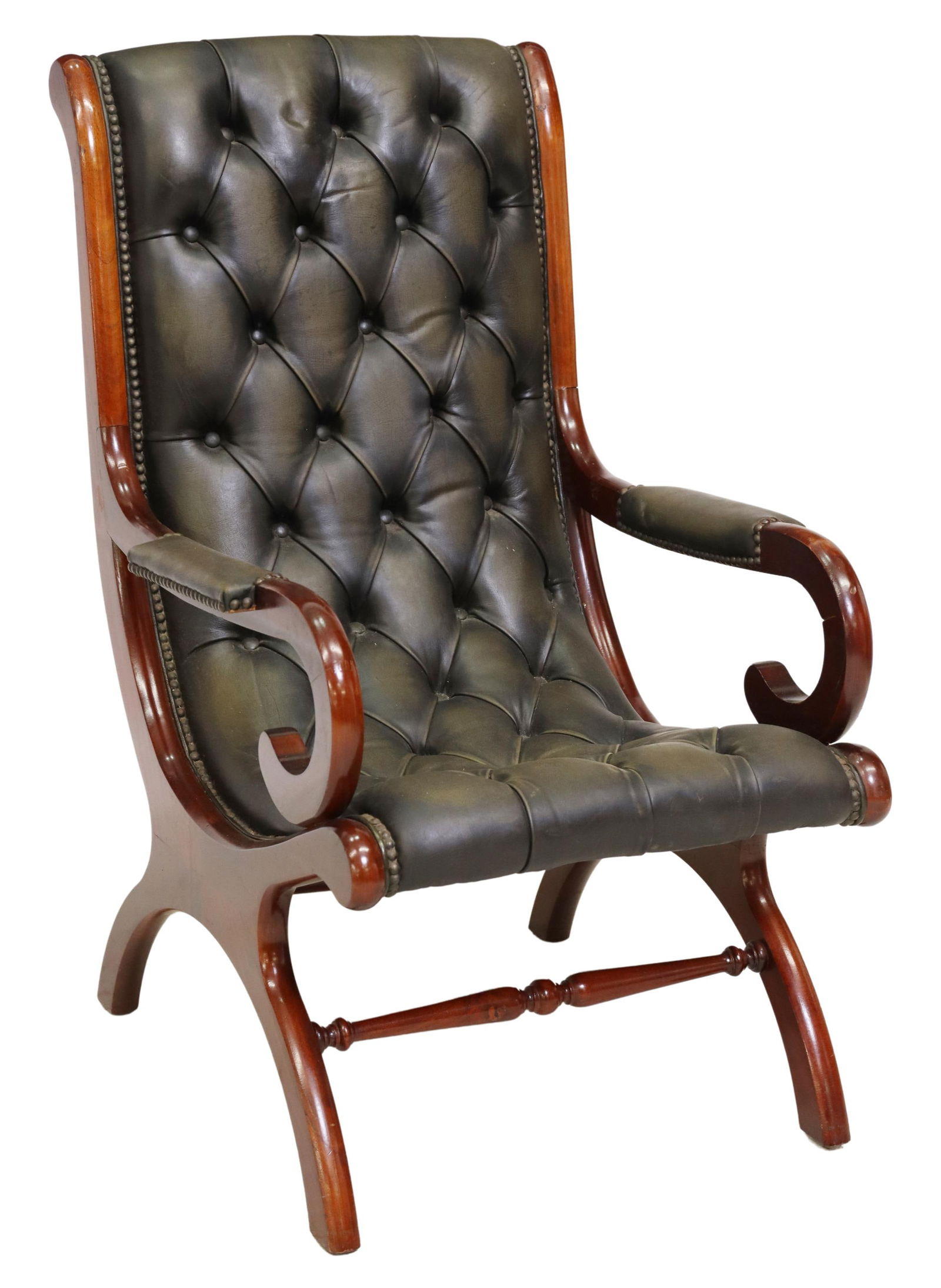 CAMPECHE STYLE BUTTONED GREEN LEATHER ARMCHAIR (1 of 3)