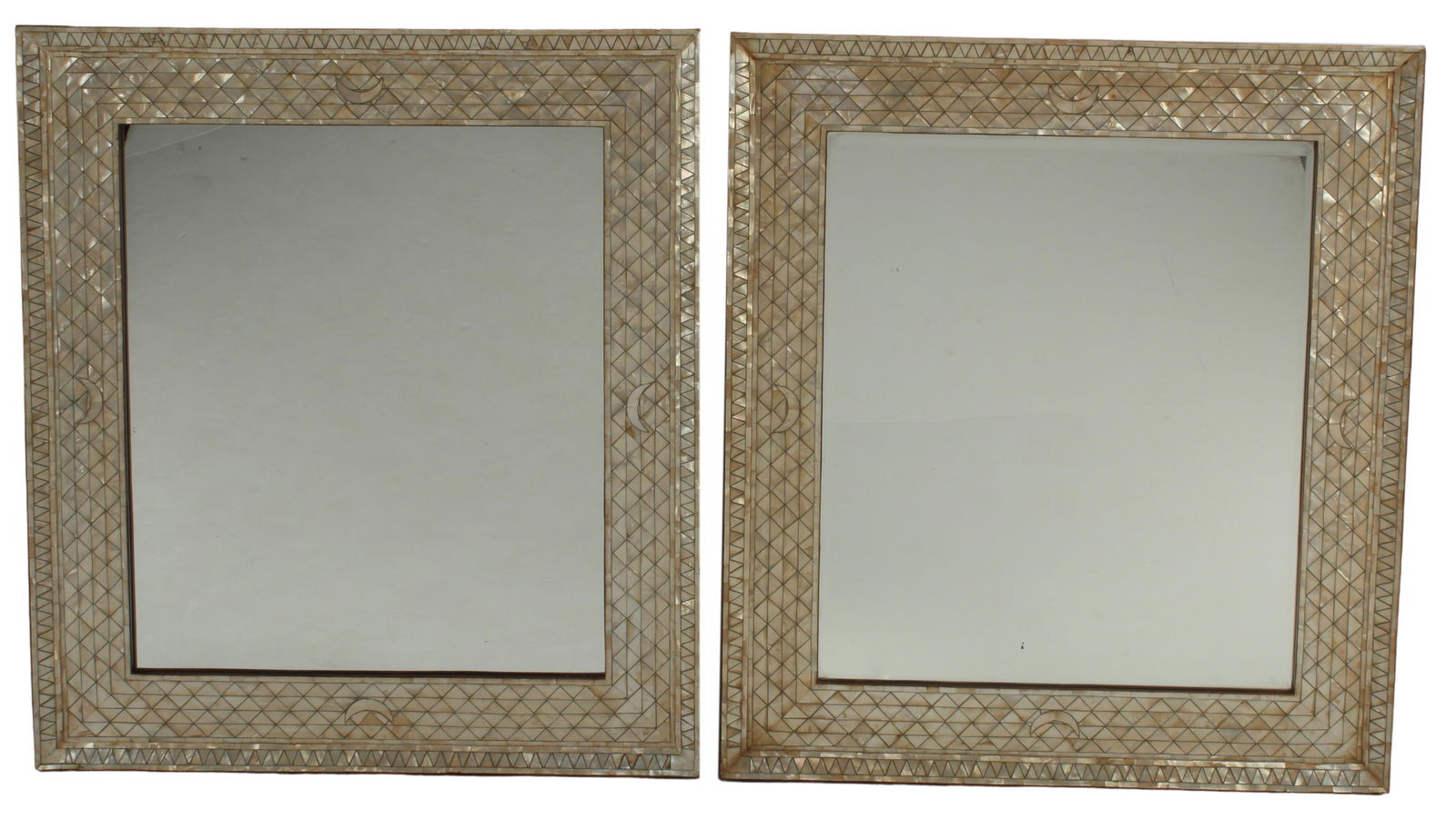(2) IBERIAN MOTHER-OF-PEARL MOSAIC INLAID MIRRORS: (pair) Iberian mirrors, mosaic inlaid frames with mother-of-pearl shell, approx 37"h, 33"w, 57.4lbs total Start Price: $700.00