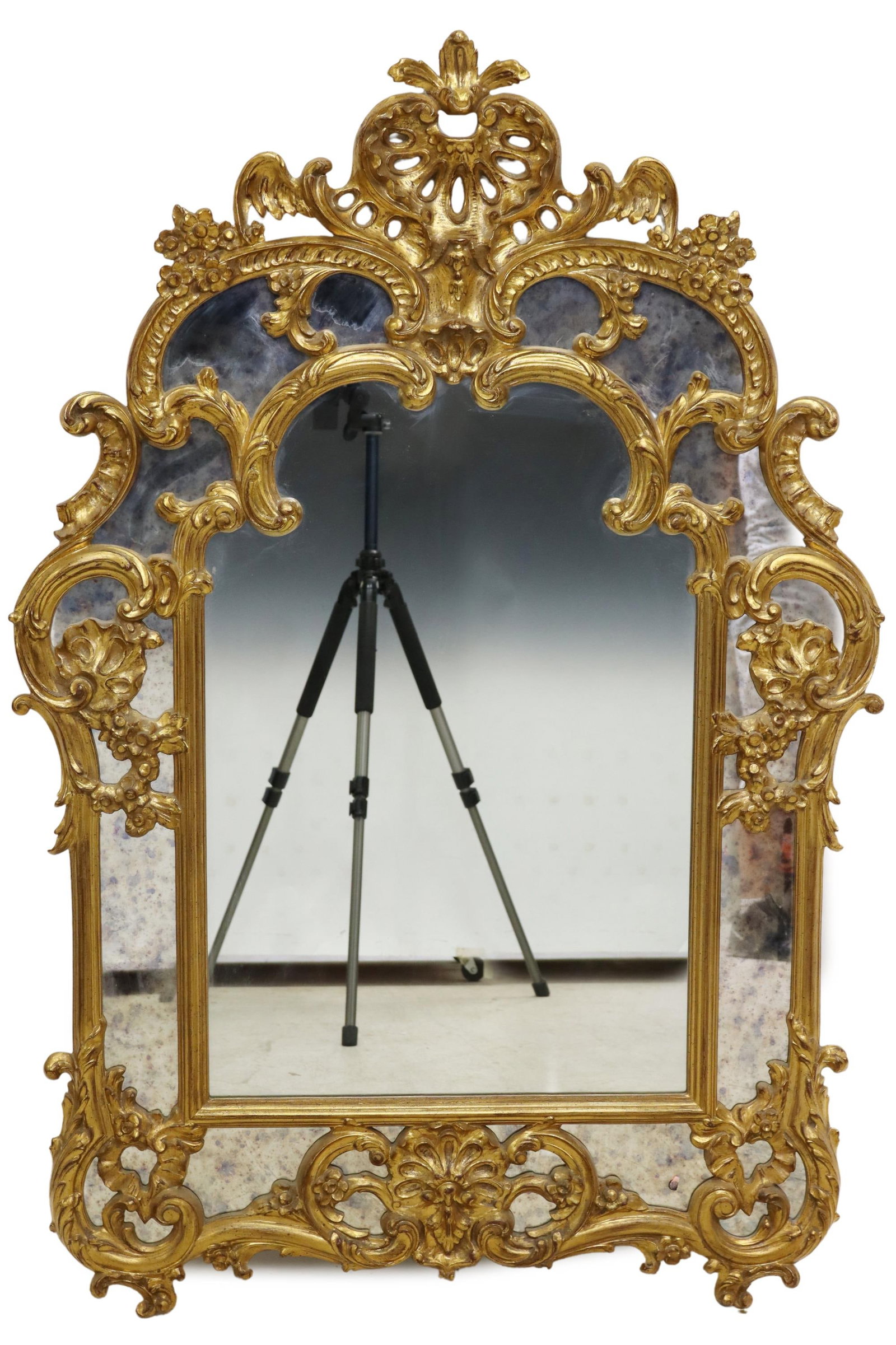 FRENCH REGENCE STYLE GILTWOOD MIRROR: French Regence style giltwood mirror, 20th c., having fanned crest, over scrolled foliate cushion frame, encasing flat mirror plate, approx 57"h, 38"w, 30lbs Start Price: $600.00