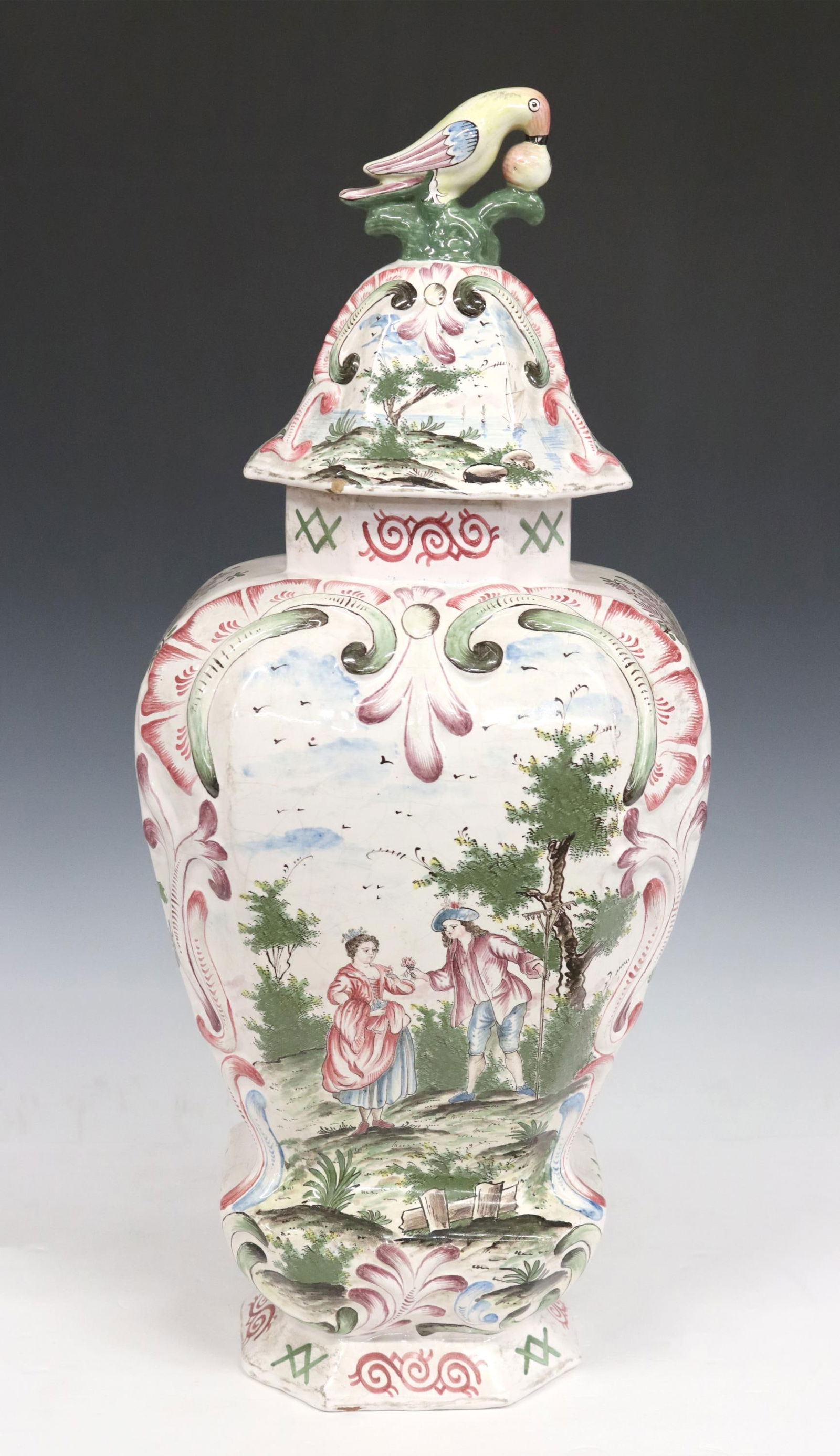 LARGE FRENCH POLYCHROME FAIENCE VASE & COVER (1 of 6)