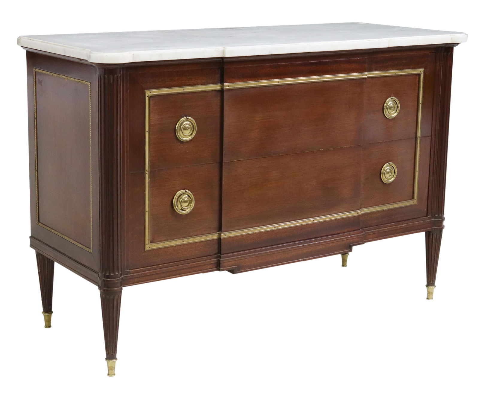 FRENCH LOUIS XVI STYLE MARBLE-TOP MAHOGANY COMMODE: French Louis XVI style mahogany commode, 20th c., having a marble top over two drawers, all rising on capped foot ribbed legs, approx 33.5"h, 50"w, 20.5"d Start Price: $600.00