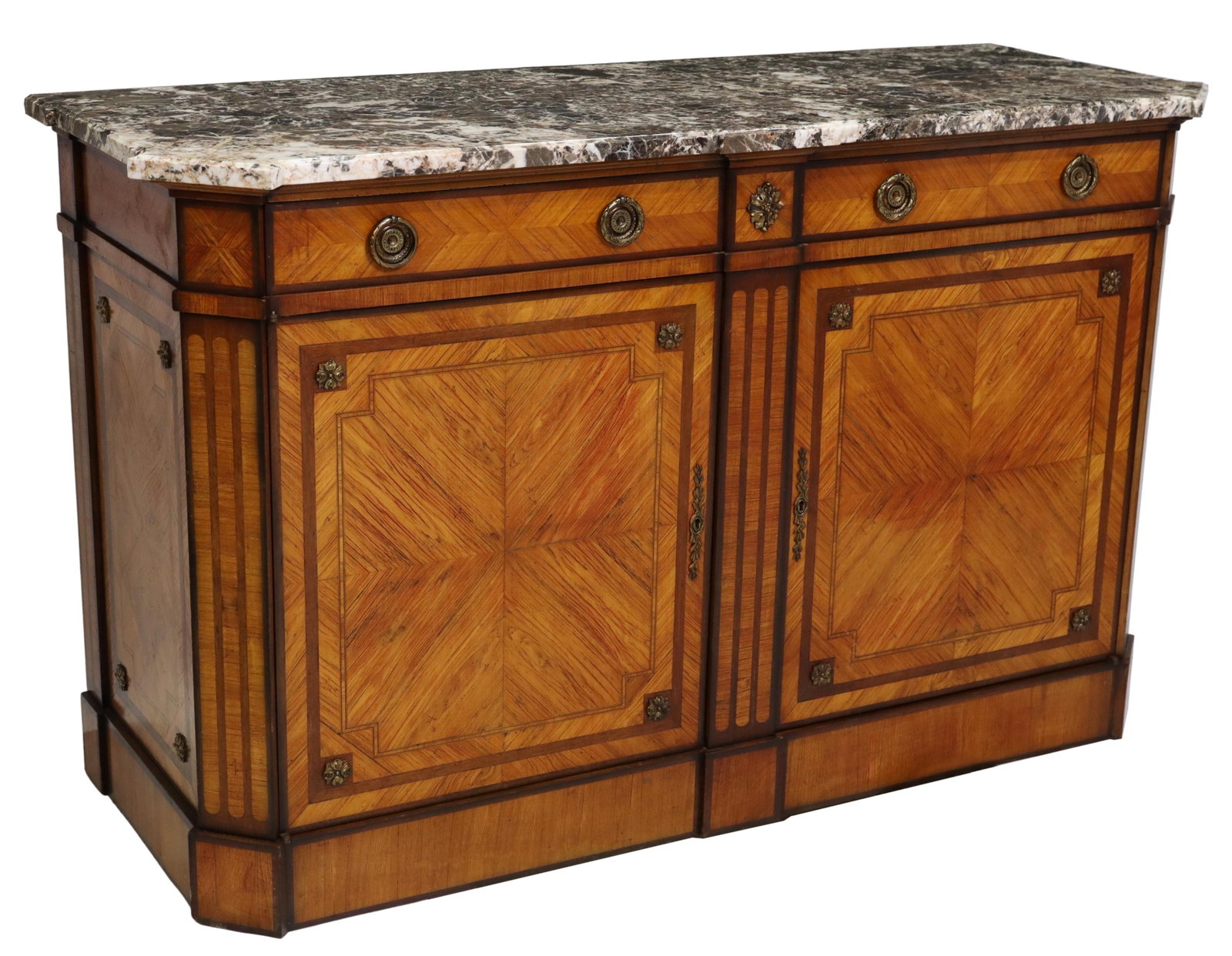 FRENCH LOUIS XVI STYLE MARBLE-TOP INLAID SIDEBOARD: French Louis XVI style marble-top sideboard, 20th c., having shaped top, over two drawers and two cabinets, inlaid linear banding, matched veneer pattern,gilt metal accents, ending on integral base, a