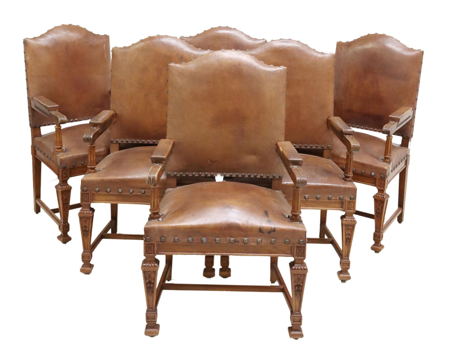 (6) LOUIS XIV STYLE WALNUT & LEATHER FAUTEUILS (1 of 3)