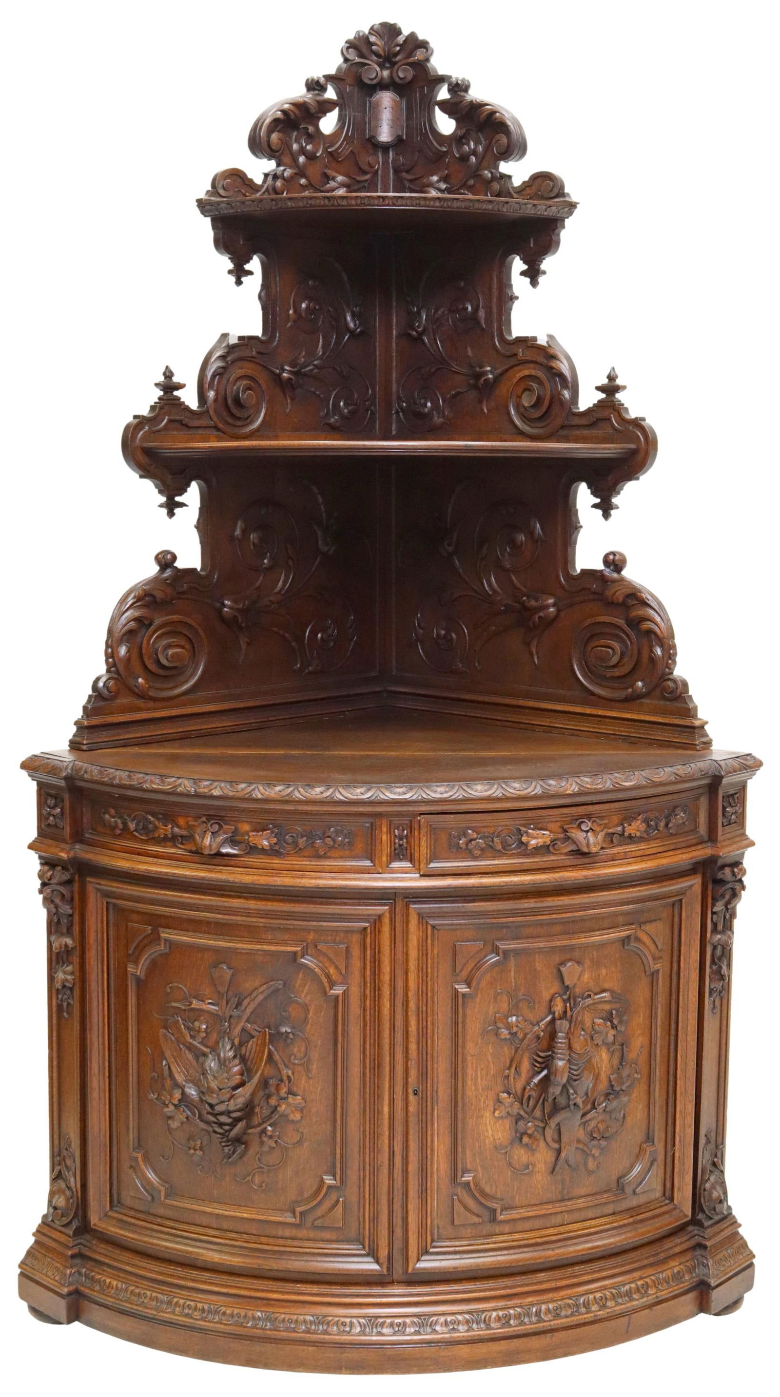 FRENCH CARVED OAK HUNT CORNER CUPBOARD (1 of 6)