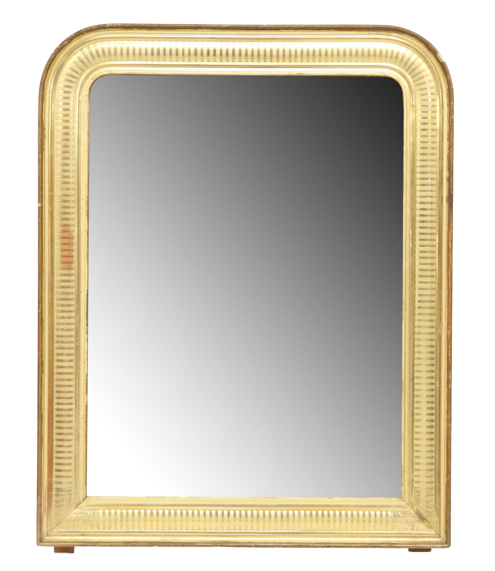FRENCH LOUIS PHILIPPE GILTWOOD MIRROR, 35" X 27": French Louis Philippe period giltwood mirror, mid 19th c., with patterned toned gold leaf trim around flat mirror plate, approx 35"h, 27.25"w, 23.75lbs Start Price: $250.00