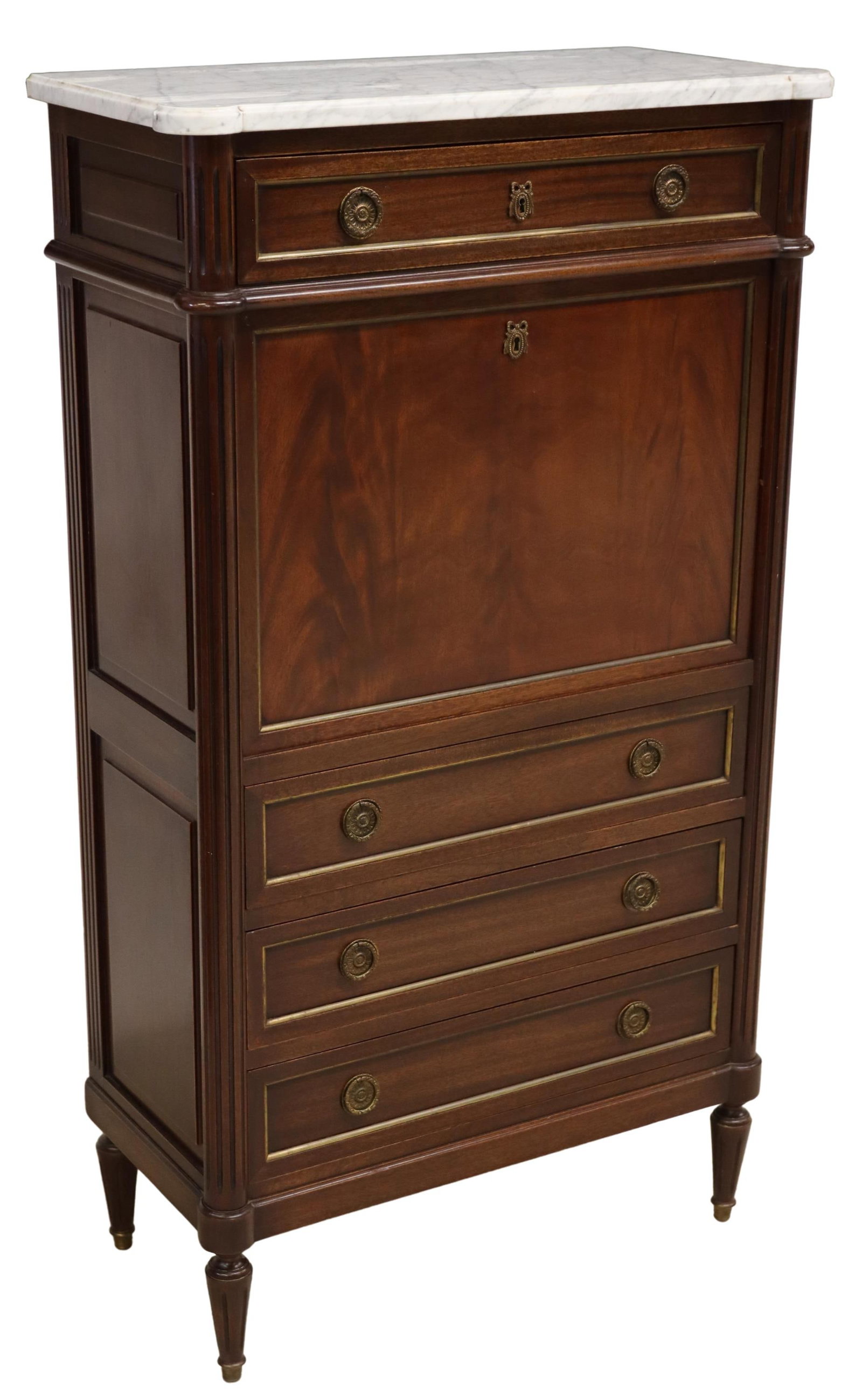 LOUIS XVI STYLE MARBLE-TOP SECRETAIRE A ABATTANT: French Louis XVI style mahogany fall-front desk, 20th c., shaped marble top, above a drawer, fall-front panel opening to interior gallery, inset writing surface, three additional exterior drawers belo