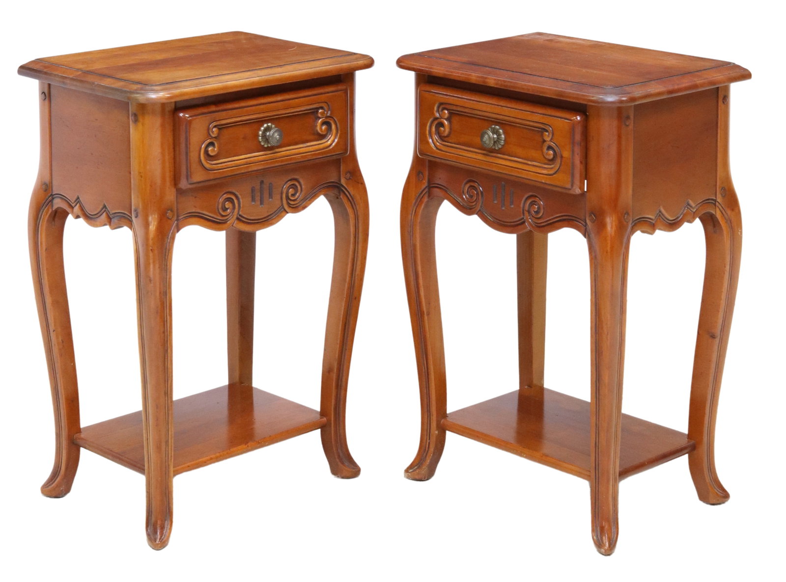 (2) LOUIS XV STYLE FRUITWOOD NIGHTSTANDS: (pair) Louis XV style fruitwood nightstands, 20th c., single drawer over open shelf, on cabriole legs, approx 24.75"h, 16.5"w, 11.5"d Start Price: $150.00