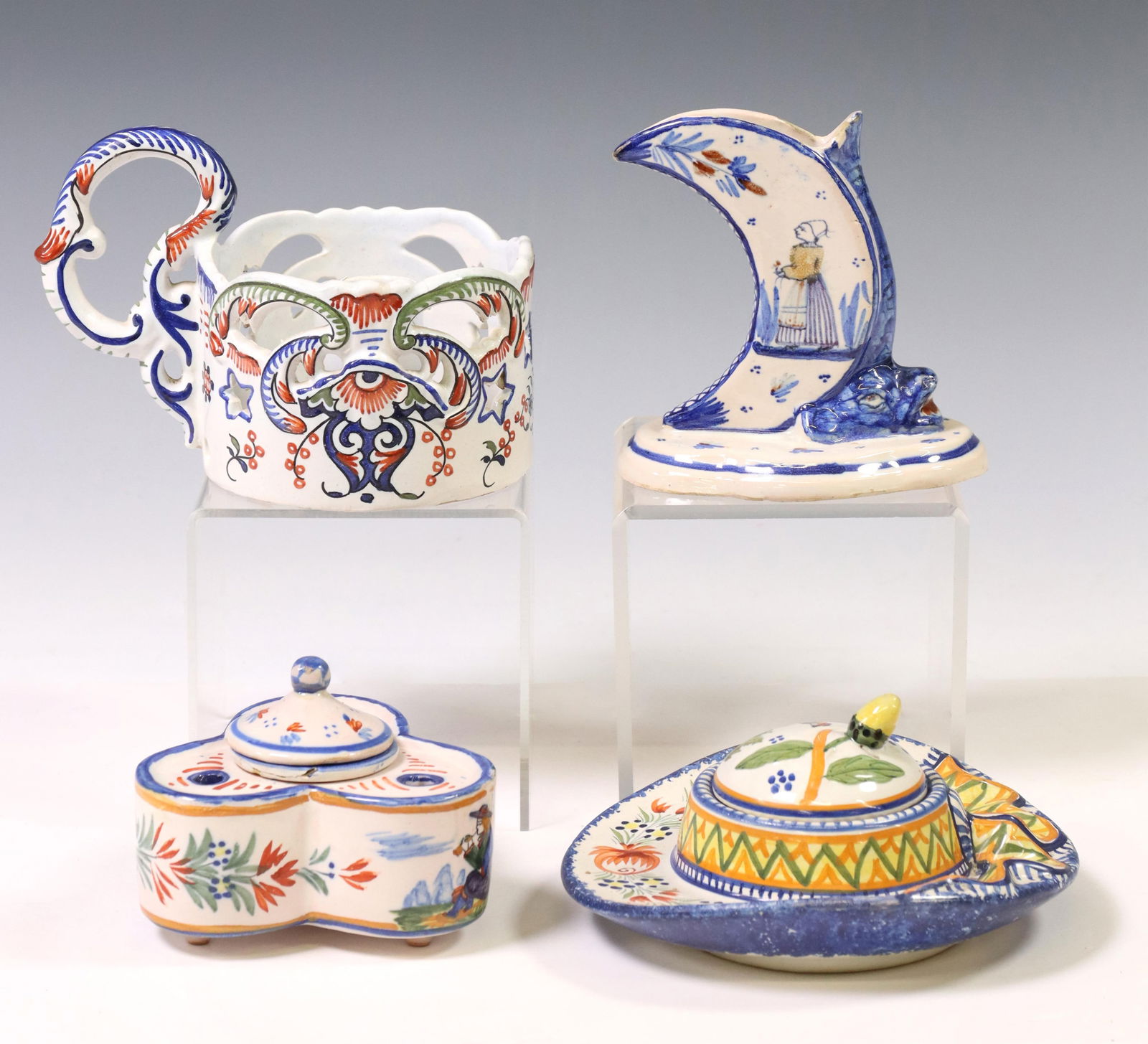 (4) FRENCH QUIMPER INKWELLS & FAIENCE CHAMBERSTICK (1 of 7)