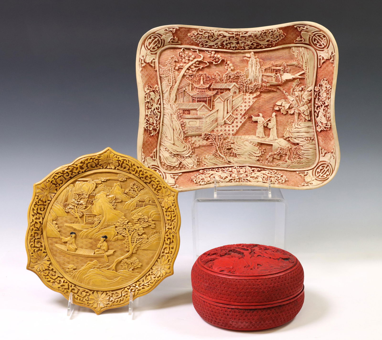 (3) CHINESE CINNABAR STYLE DISHES & BOX (1 of 5)