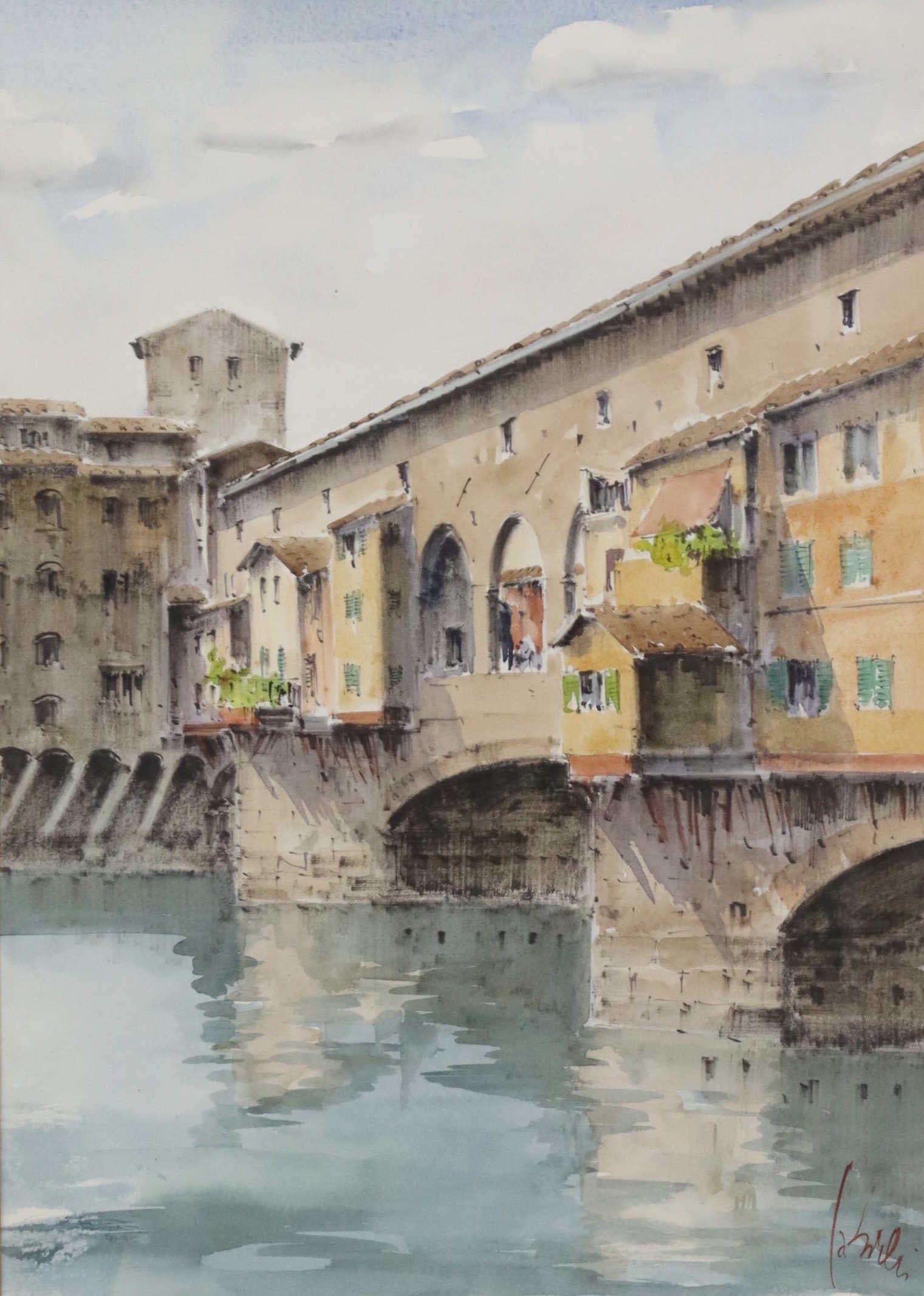 SIGNED WATERCOLOR PAINTING PONTE VECCHIO FLORENCE (1 of 4)