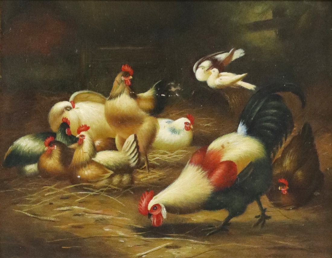 FRAMED OIL PAINTING ROOSTERS & CHICKENS, 8" X 10" (1 of 3)