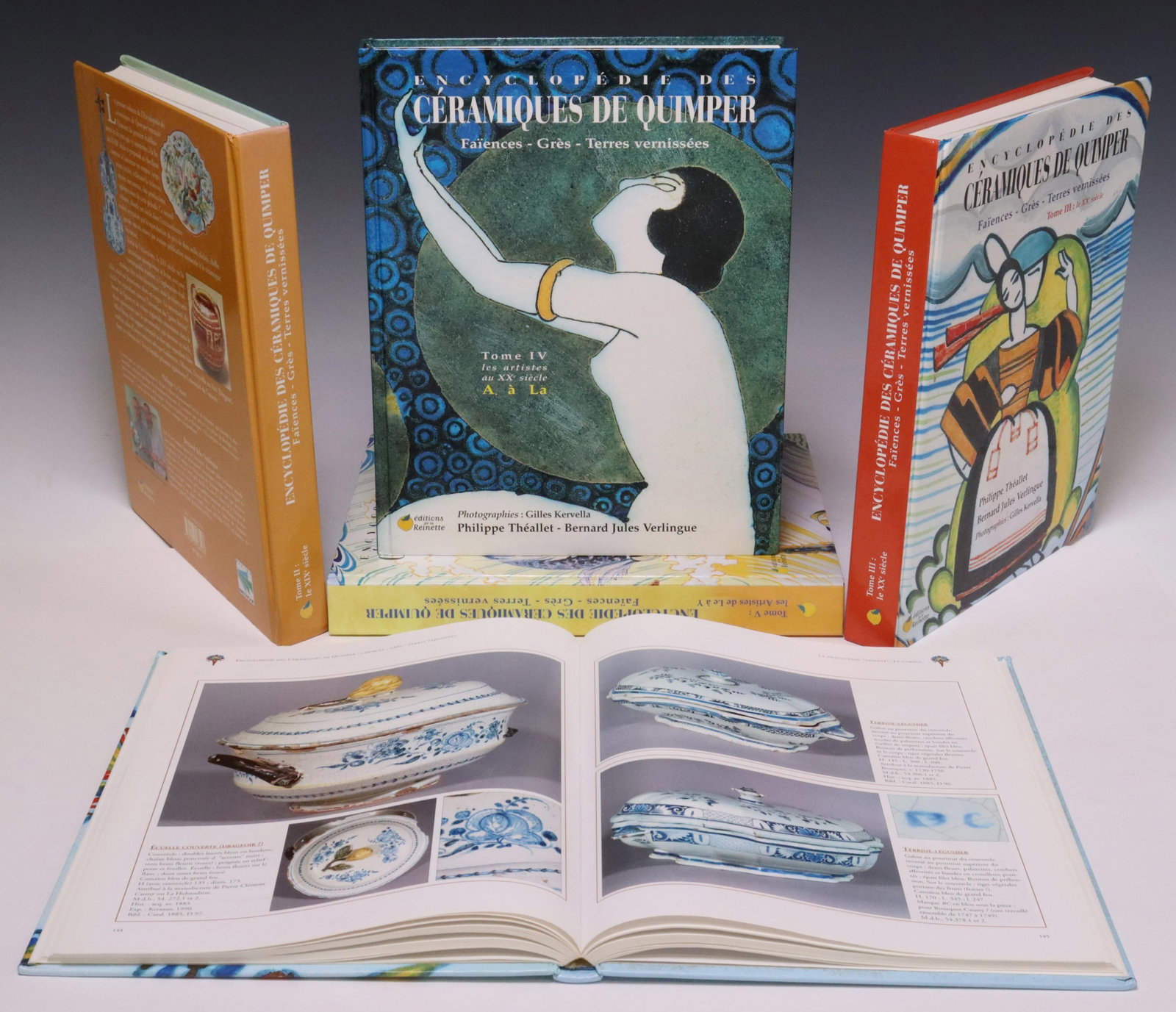 (5) BOOKS: ENCYCLOPEDIE DES CERAMIQUES DE QUIMPER: (lot of 5) Books: "Encyclopedie des Ceramiques de Quimper: Faiences - Gres - Terres vernissees," Bernard Jules Verlingue, photographs by Gilles Kervella, Editions de la Reinette, including: (1) "Tome 