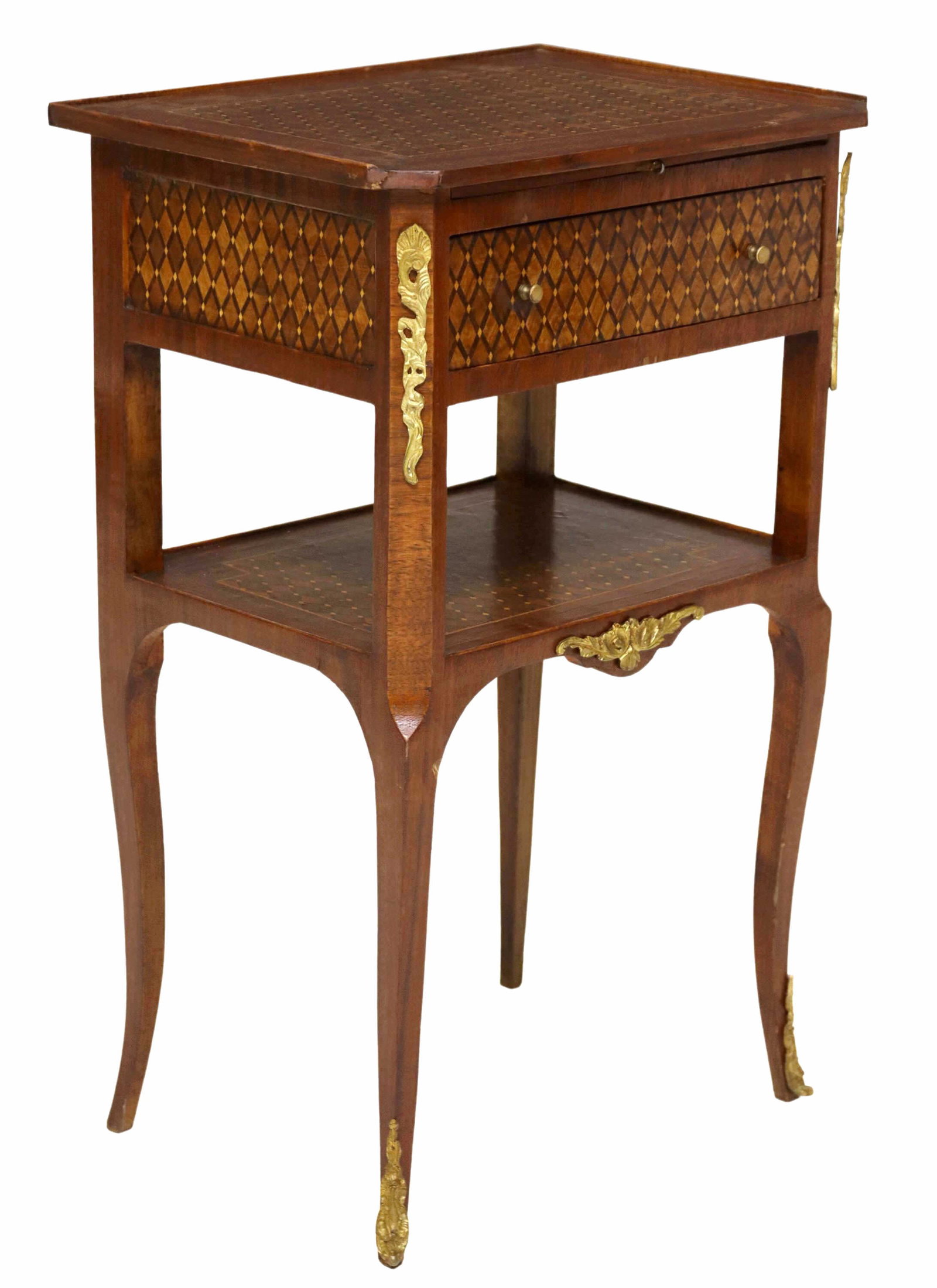 FRENCH LOUIS XV STYLE PARQUETRY NIGHTSTAND: French Louis XV style nightstand, early 20th c., having parquetry inlay, over brush slide and drawer, joined by medial shelf, gilt accents, cabriole legs ending on gilt metal front sabots, approx 30.7