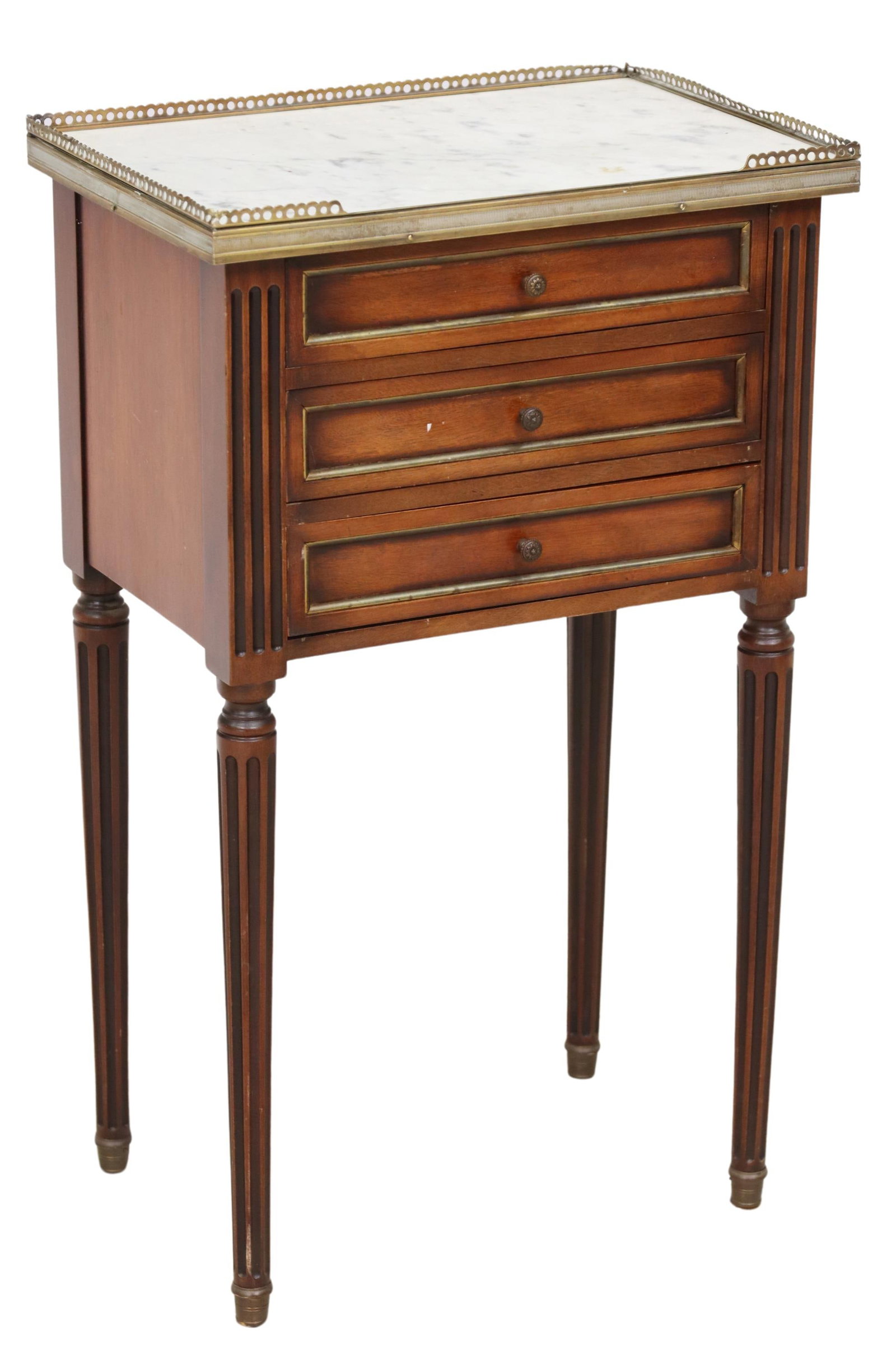 FRENCH LOUIS XVI STYLE MARBLE-TOP NIGHTSTAND: French Louis XVI style mahogany nightstand, 20th c., having pierced brass three-quarter gallery, enclosing marble-top, over three drawers, rising on fluted and tapered legs, approx 27.75"h, 16 5/8"w, 