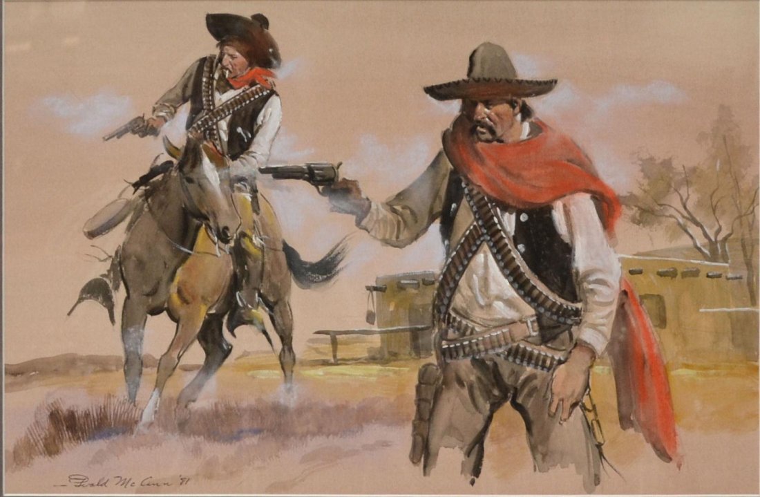 WATERCOLOR, A QUICK DRAW, GERALD McCANN: Framed western watercolor, A quick draw, by Gerald McCann ( American, b. 1916 -), signed and dated 1981 lower left, framed behind glass, sight: 12"h, 18.5"w, overall: 23.25"h, 29"w, 9lbs total Start P