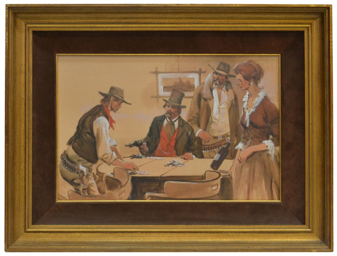 FRAMED WATERCOLOR, GAMBLERS, GERALD McCANN: Framed western watercolor, a gambler showdown, by Gerald McCann ( American, b. 1916 - ), pencil signed lower left, framed behind glass, sight: 12"h, 18.25"w, overall: 19.75"h, 26"w, 6.75 lbs Start Pri