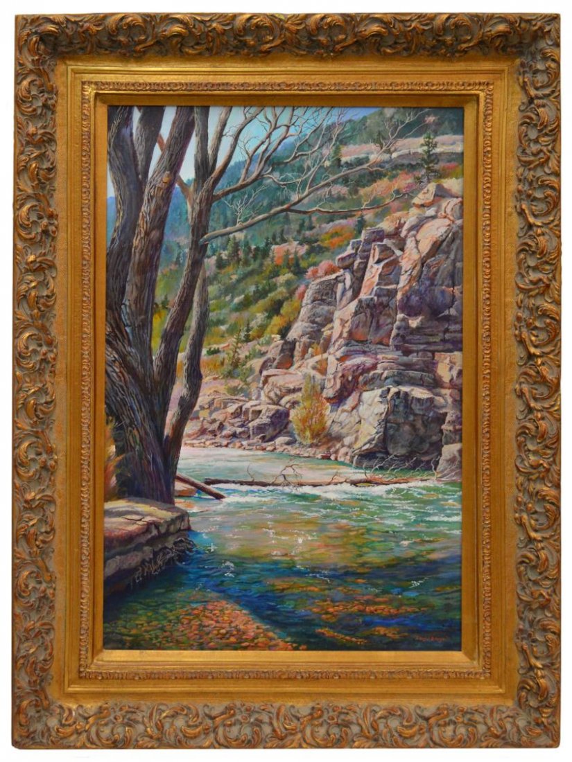 PAINTING, PECOS RIVER, RANDALL B. KIRGAN (d. 2009): Framed western painting on masonite, "Pecos River, New Mexico", signed lower right Randall B. Kirgan (Randall Burleson Kirgan, Texas, d. 2009), titled and signed on verso, sight: 23.5"h, 35.5"w, overa