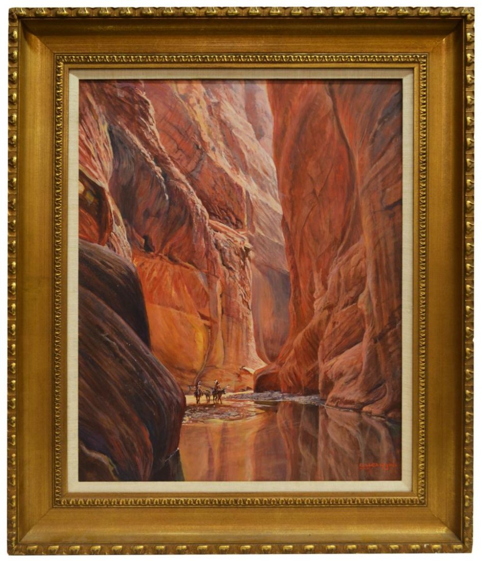 PAINTING, CANYON, RANDALL B KIRGAN (TEXAS,D. 2009): Framed western painting on masonite, Canyon, signed lower right Randall B. Kirgan (Randall Burleson Kirgan, Texas, d. 2009) sight: 29.5"h, 23.5"w, overall: 39"h, 33"w, 13.75lbs Start Price: $200.00