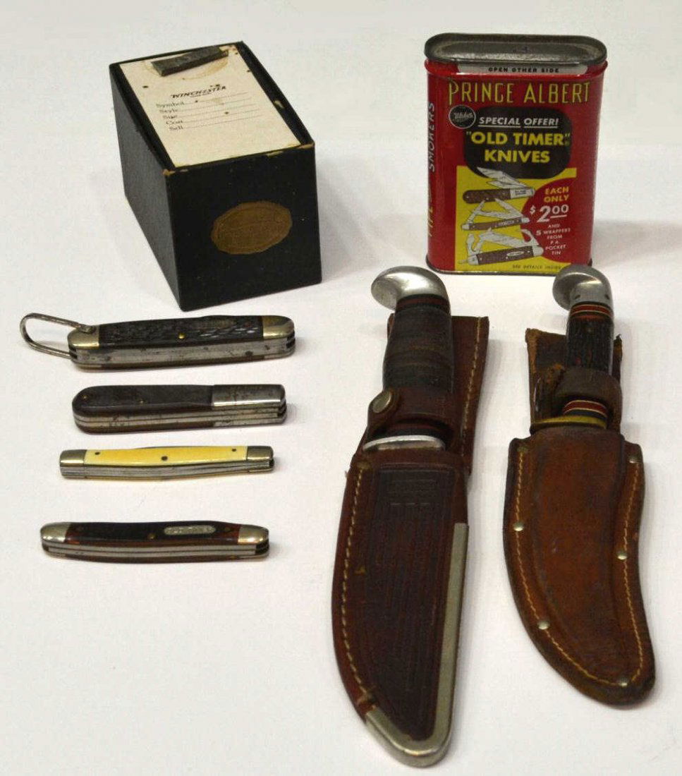 (7) CASE, WINCHESTER, OLD TIMER KNIVES: (lot of 7) Collectible knives: (1) Case XX 323-5 fixed blade hunting knife with Case sheath, blade: 5"l, overall: 9.25"; (1) Western H40L fixed blade hunting knife with Western sheath, blade: 4.25"l,