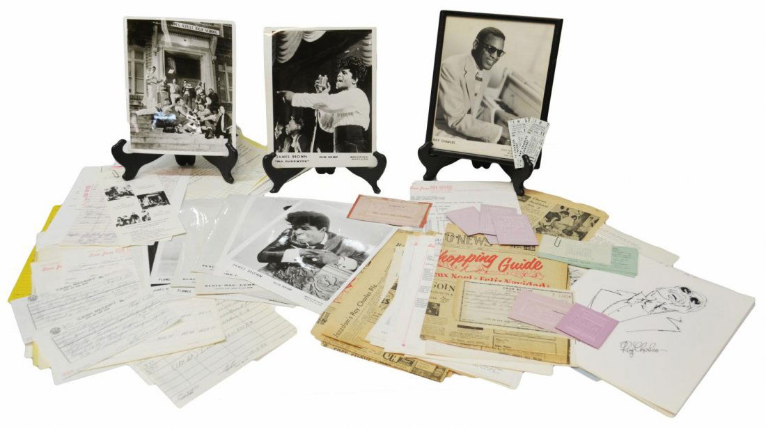 JAMES BROWN, RAY CHARLES, CHUCK BERRY DOCUMENTS: (lot) Vintage 1960's-1970's San Jose, California concert documents and publicity photos for Ray Charles, James Brown, Chuck Berry: (3) concert records of Ray Charles, August, 1962, December, 1962, Dec