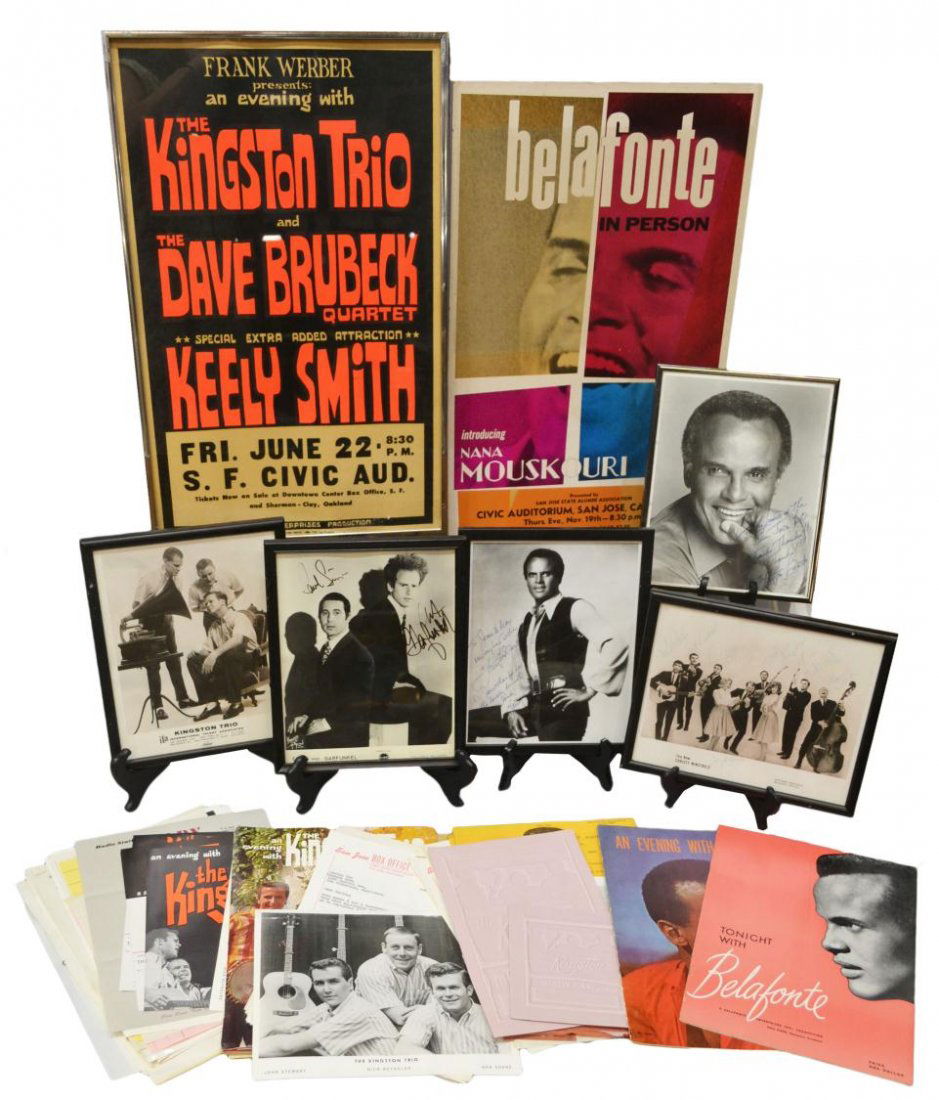 BELAFONTE, KINGSTON TRIO, PAUL SIMON SIGNED: (lot) Collection of vintage 1960's-1970's concert posters and programs, Harry Belafonte, Kingston Trio, Simon and Garfunkel, New Christy Ninstrels: (1) poster, Belafonte In Person, San Jose, November