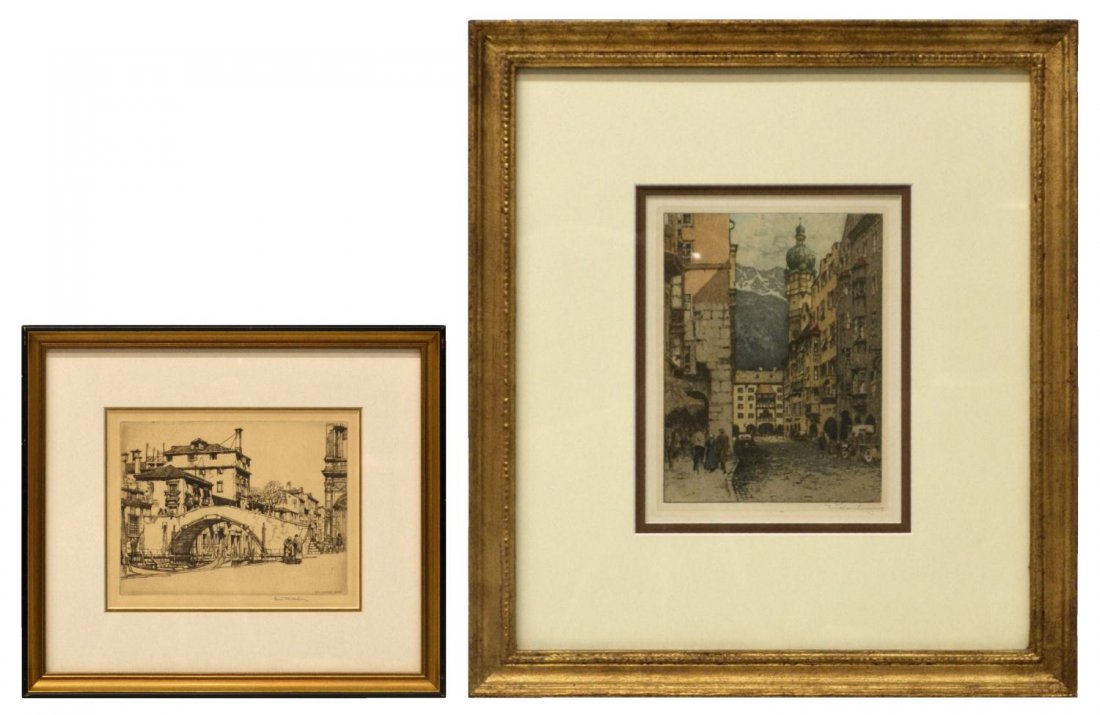 (2) ETCHINGS, LOUIS ROSENBERG, J. EIDENBERGER: (lot of 2) Framed prints depicting street scenes, comprising: (1) etching, pencil signed lower right, print signed and dated Louis C. Rosenberg MCMXXV, (Louis Conrad Rosenberg, Oregon, 1890-1983), sig