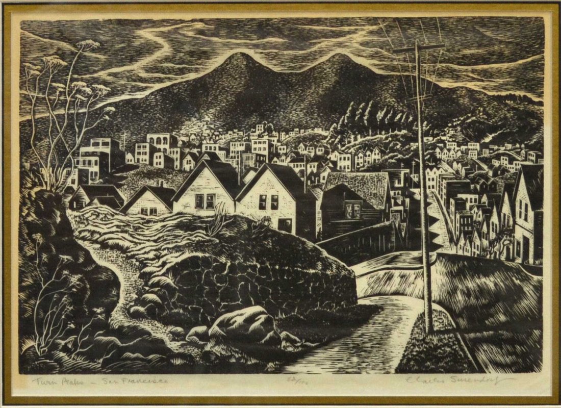 FRAMED WOODBLOCK, CHARLES SURENDORF (1906-1979): Framed print , 'Twin Peaks - San Francisco', pencil signed lower left Charles Surendorf (California, 1906-1979), pencil titled and marked ed/100, sight: 9.5"h, 13.75"w, overall: 15.5"h, 19.75"w, 3.25l
