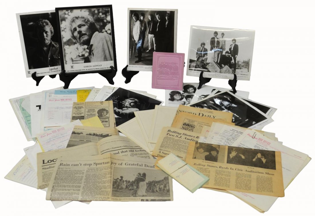LIGHTFOOT, ROLLING STONES, BRIAN JONES PHOTOS DOCS: (lot) Collection of vintage 1960's-1970's concert posters and programs, Gordon Lightfoot: (1) autographed photo to Joan and Max, signed Gordon Lightfoot, frame: 10.75"h, 8.75"w; (1) Lightfoot concert 