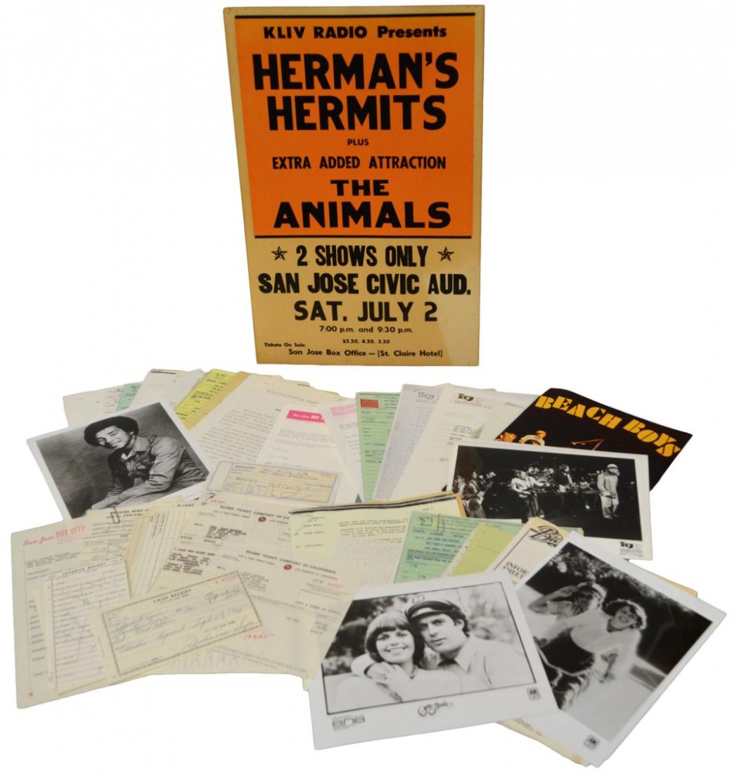BEACH BOYS, SONNY & CHER COCERT PHOTOS, DOCUMENTS: (lot) Collection of vintage 1960's-1970's concert posters and programs, Smokey Robinson, Beach Boys, Sonny and Cher, Herman's Hermits: (1) Herman's Hermits poster, San Jose, also The Animals, 22"h, 14