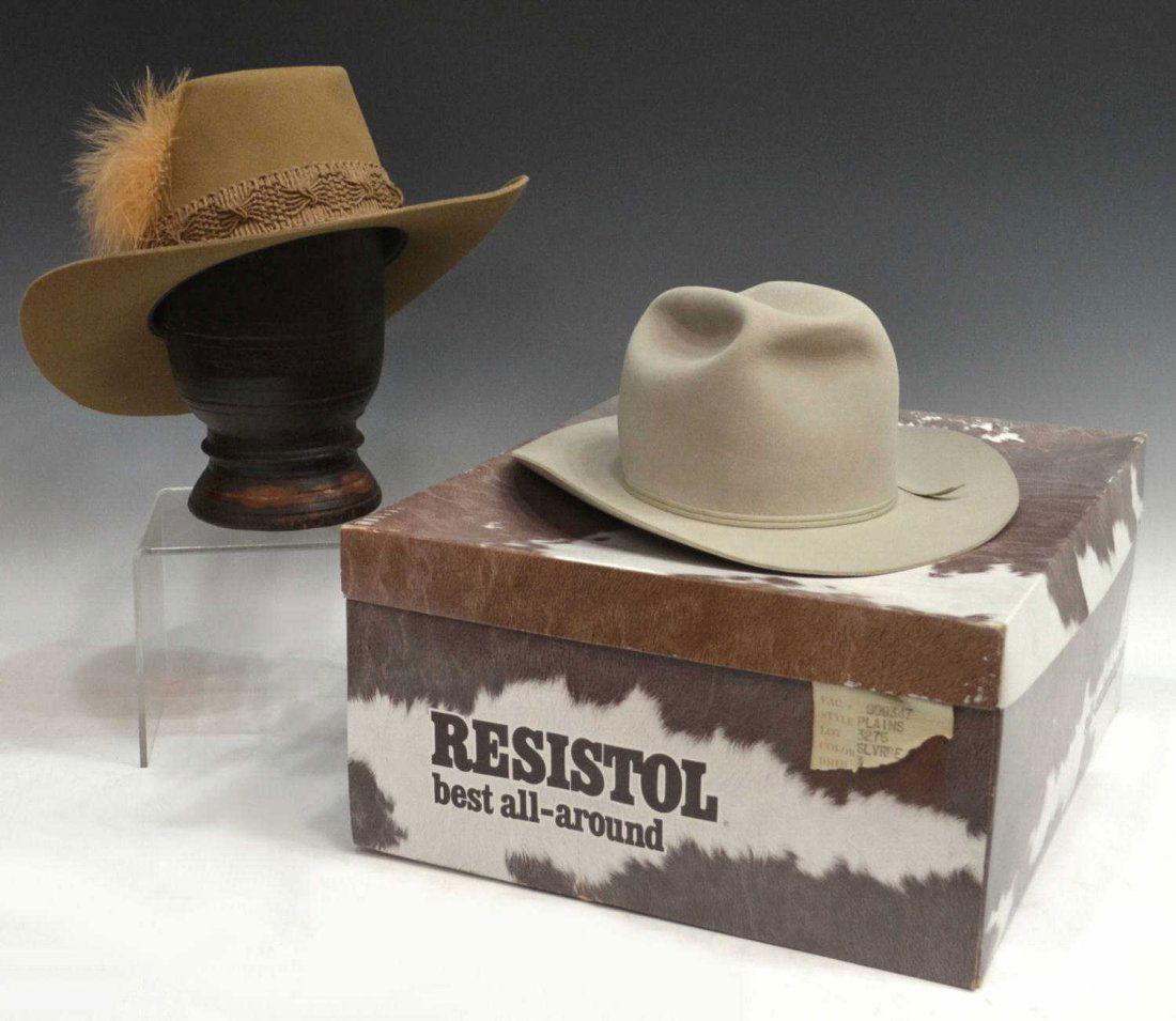 (2) GENTS & LADIES RESISTOL COWBOY HATS: (lot of 2) Resistol self conforming cowboy hats: (1) gents hat, 'Stage Coach' model, with woven band and feather, size 7.5, light spotting, light wear; (1) ladies 'Western' model retaining the origina