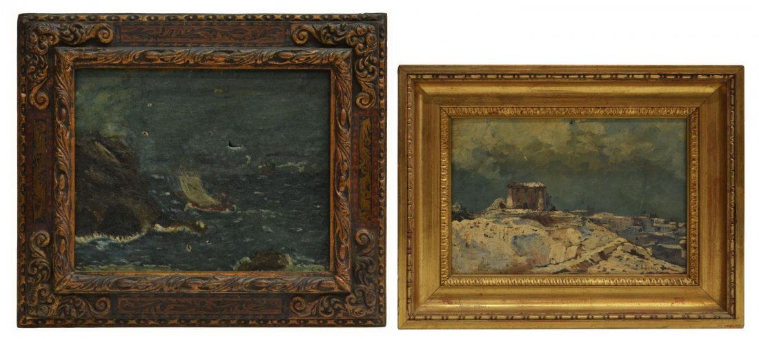 (2) FRAMED ANTIQUE OIL PAINTINGS, SPAIN: (lot of 2) Framed antique oil paintings, Spain, comprising: (1) oil painting on board, Figure Hiking to a City, 20th c., signed lower right Burnes ?òn, nail hole top center to board, sight: 7.5"h, 11