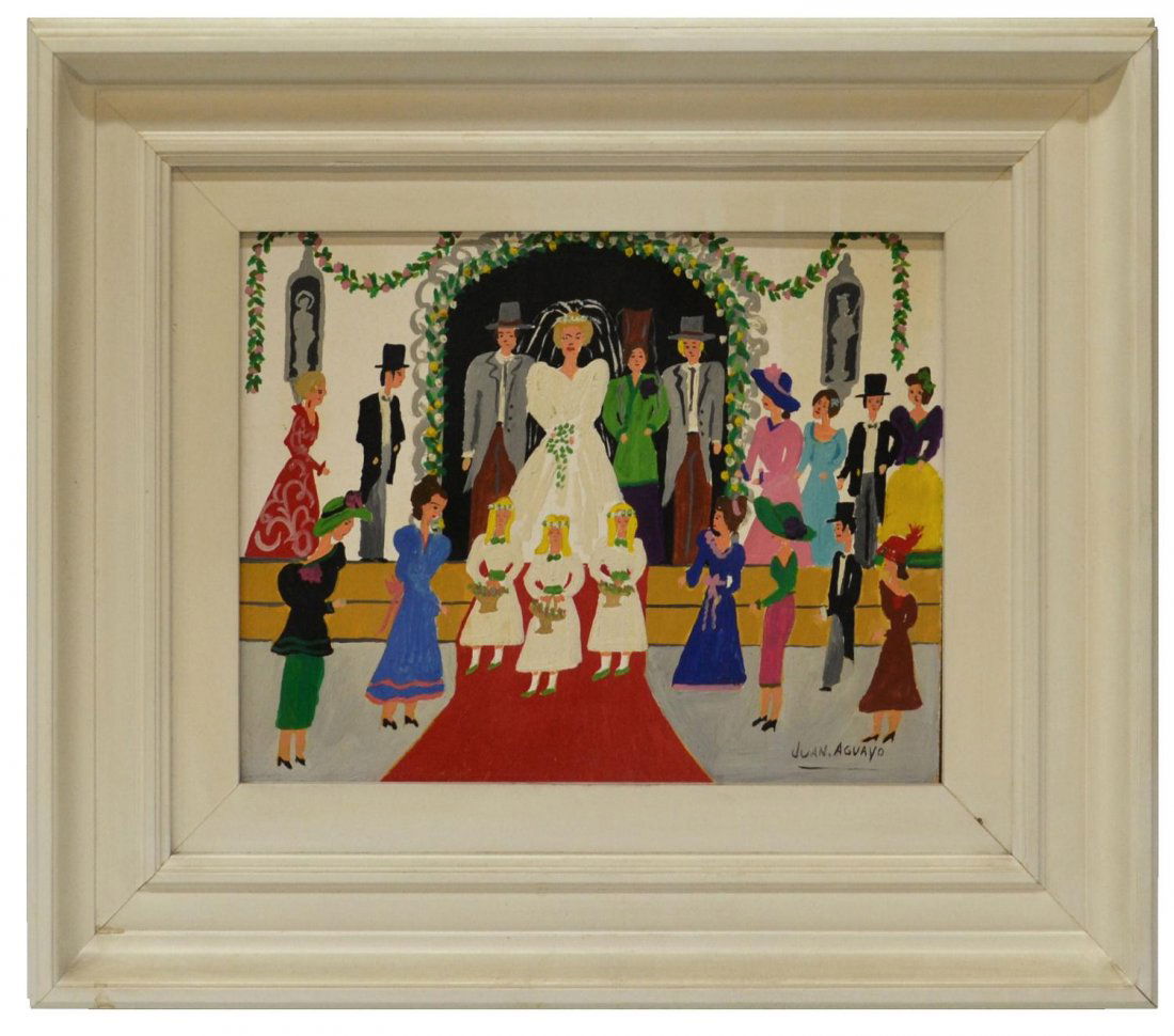PAINTING, SPAIN WEDDING, JUAN AGUAYO (1935-1990): Framed painting on board, Wedding, by Juan Aguayo (Spain,1935-1990), sight: 10.25"h, 13.5"w, overall: 18.25"h, 21.5"w, 2lbs **Provenance: From the estate of film, television and theater star Pepe Rubi