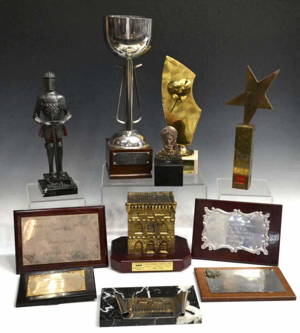 (11) PEPE RUBIO, MADRID SPAIN, AWARDS & TROPHIES: (lot of 11) Collection of trophy awards and plaques from the estate of film, television and theater star Pepe Rubio (Jose Rubio Urrea, Spain, 1931-2012) comprising: (1) silver relief portrait of Rudol