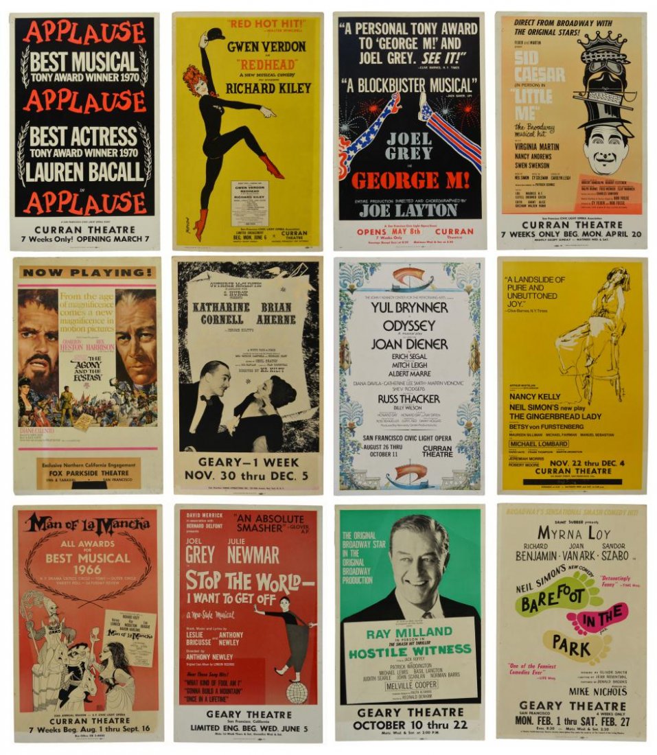 VINTAGE CALIFORNIA GEARY & CURRAN THEATER POSTERS: (lot of 12) Vintage theater posters, many 1960's, all California, titles include (1) 'The Agony and Ecstasy' at the Fox Parkside Theater, (1) Joel Grey in 'George M', Sid Caesar in 'Little Me', (1) Yu