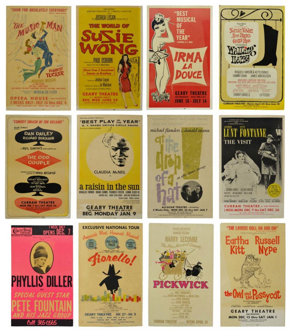 VINTAGE 1960'S/70'S CALIFORNIA THEATER POSTERS: (lot of 12) Vintage theater posters, mostly 1960's/70's, including: (1) Alfred Lunt and Lynn Fontaine in 'The Visit', Curan Theater, San Francisco; (1) Dan Dailey and Richard Benjamin in 'The Odd Coup