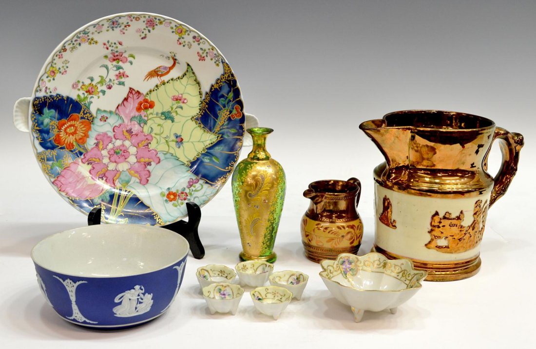 (11) MOTTAHEDEH, WEDGWOOD, LUSTRE WARE GROUP: (lot of 11) Collection of porcelain and glass cabinet items, comprising: (1) Mottahedeh, Tobacco Leaf pattern large charger having small decorative shell form handles, 10"diam; (1) Wedgwood jasperware