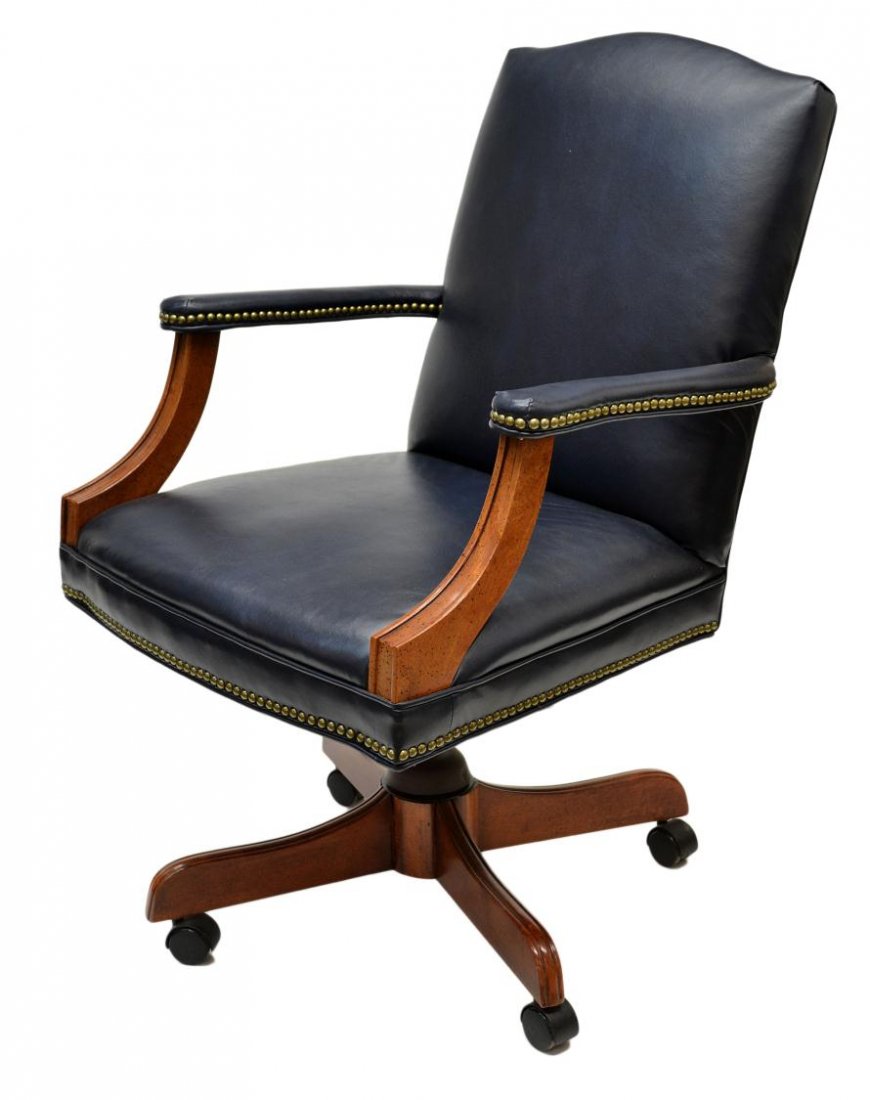 259 FINE BLUE LEATHER & BRASS TACK SWIVEL OFFICE CHAIR