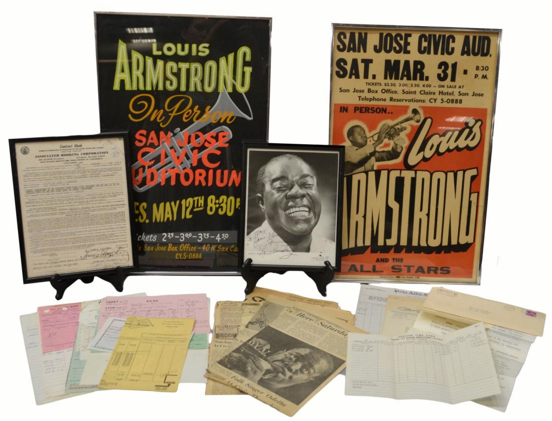 LOUIS ARMSTRONG AUTOGRAPHS, CONTRACTS, POSTERS: (lot) Vintage 1960's, Louis Armstrong (1901-1971) autographs, papers, posters: (1) framed booking contact dated January 11,1962 for a concert at San Jose, California to be held March 31, 1962, boldly 
