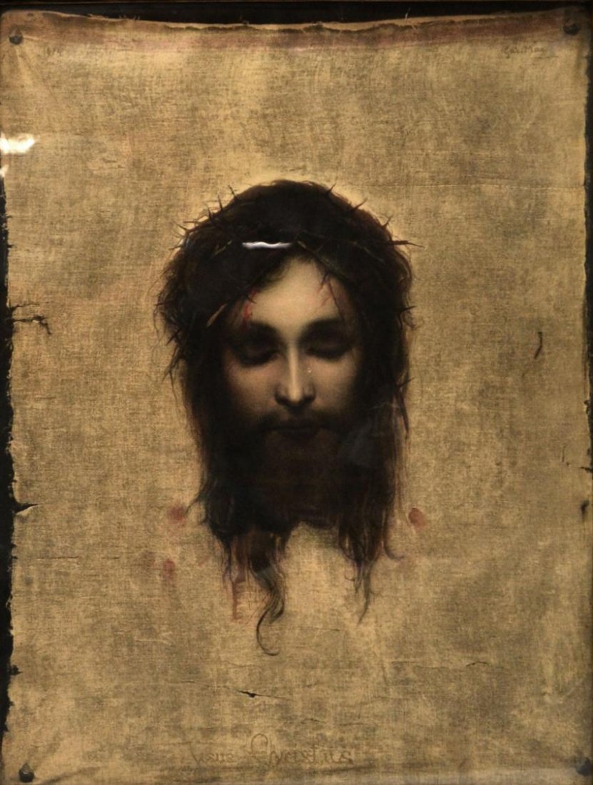 RELIGIOUS PRINT, AFTER GABRIEL MAX (1840-1915): Framed religious print, "Jesus Christus", in antique frame, after works entitled Veronica's Veil, print signed upper right Gab Max (Gabriel Cornelius Max, Austria, 1840-1915), sight; 21.5"h, 16.75"w, 