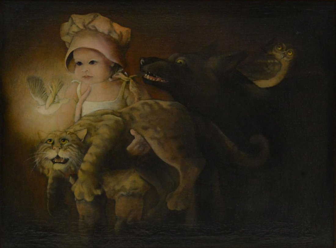 FRAMED PAINTING ON BOARD, ANIMALS & CHILD, SPAIN: Framed oil on board, animals and child, Spain, signed ?Parks? illegibly lower right, sight: 11.5"h, 15.25"w, overall: 19.25"h, 23.25"w, 6.25lbs **Provenance: From the estate of film, television and th