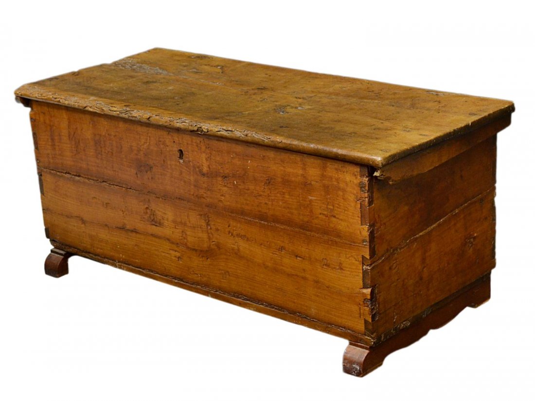 ANTIQUE PINE LIFT TOP CHEST/ TRUNK: Spanish pine lift top chest, 19th c., the rectangular case with dovetail joinery, raised on later base, restorations, lacking lock, 18"h, 41.5"l, 18.5"d Start Price: $100.00