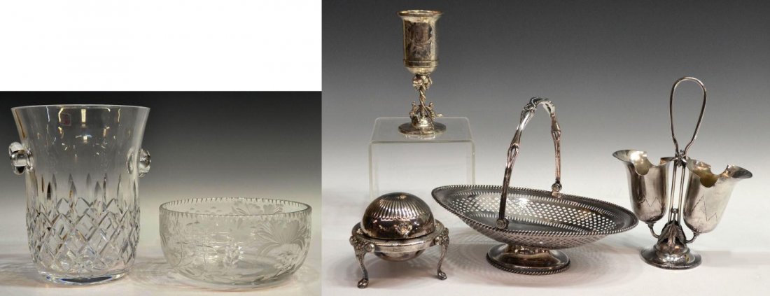 (6) CONTINENTAL CUT GLASS & VICTORIAN SILVER PLATE: (lot of 6) Mixed lot of Continental colorless cut glass and silver plate items, comprising: (1) Italian Cristallo Di Censo ice bucket, small knob handles, original sticker, 8.75"h, 7"diam; (1) Royal B