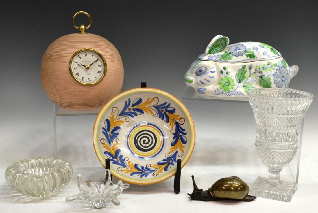 (7) SPAIN DECORATIVE ITEMS, CLOCK, VASE, BRONZE: (lot of 7) Collection of decorative ceramic and glass items from Spain, examples include: (1) rabbit form tureen, wear to glaze at tail, (1) large pottery ball set with a Benlloch quartz clock, (1) mo