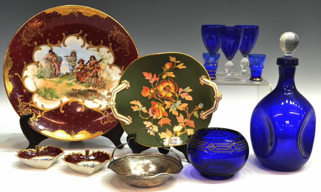 (12) HUGE GROUP CERAMIC & GLASS COLLECTIBLES: (lot of 12) Group of ceramic and sterling collectibles, comprising: (1) Webster sterling silver dish, scrolling tendril running band decoration in relief, slight ruffled rim, 'G' monogram to central w