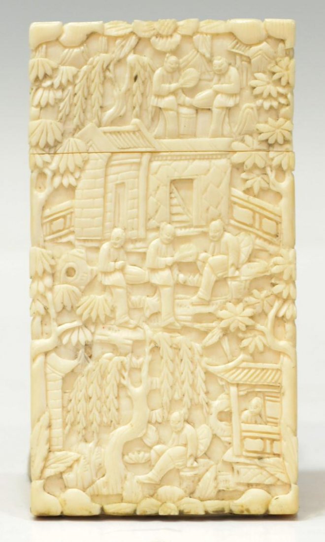 CHINESE IVORY CARD CASE, QING DYNASTY: **This item will not be shipped Internationally** Chinese export ivory rectangular card case, Qing dynasty, carved and undercut with miniature figures on a garden terrace with viewing pavilions shaded